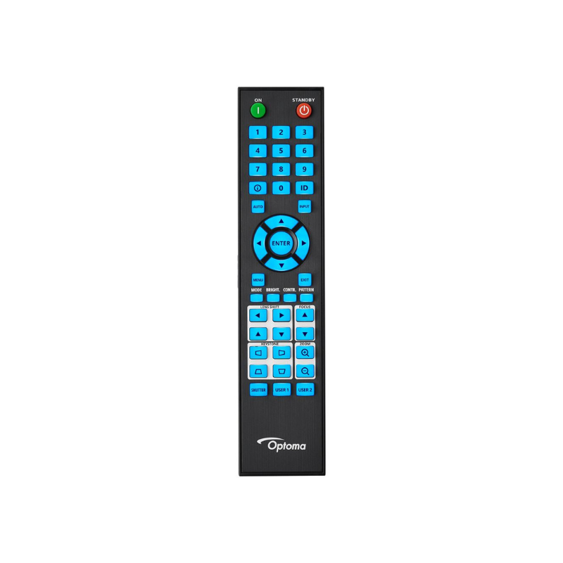 Optoma ZU820TST 8200 Lumens WUXGA Short Throw Golf Simulator Projector black remote blue buttons.
