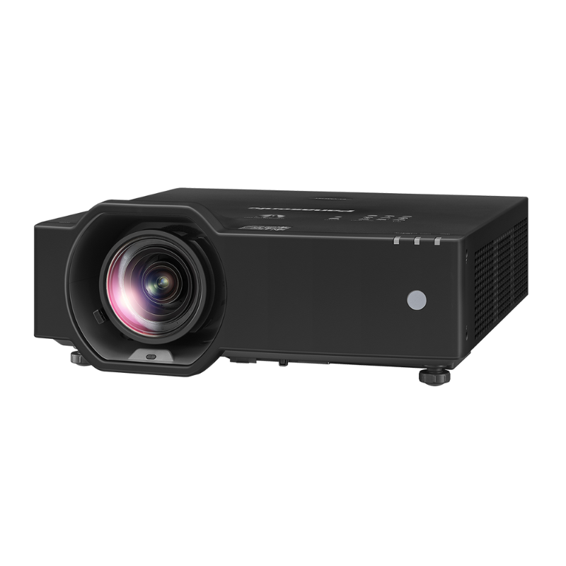 Panasonic PT-VMZ6STBU7 6200-Lumen WUXGA Short Throw Golf Simulator Projector left angled view.
