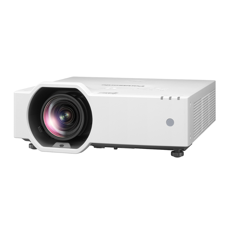 Panasonic PT-VMZ6STU7 6200-Lumen WUXGA Short Throw Golf Simulator Projector left angled view.