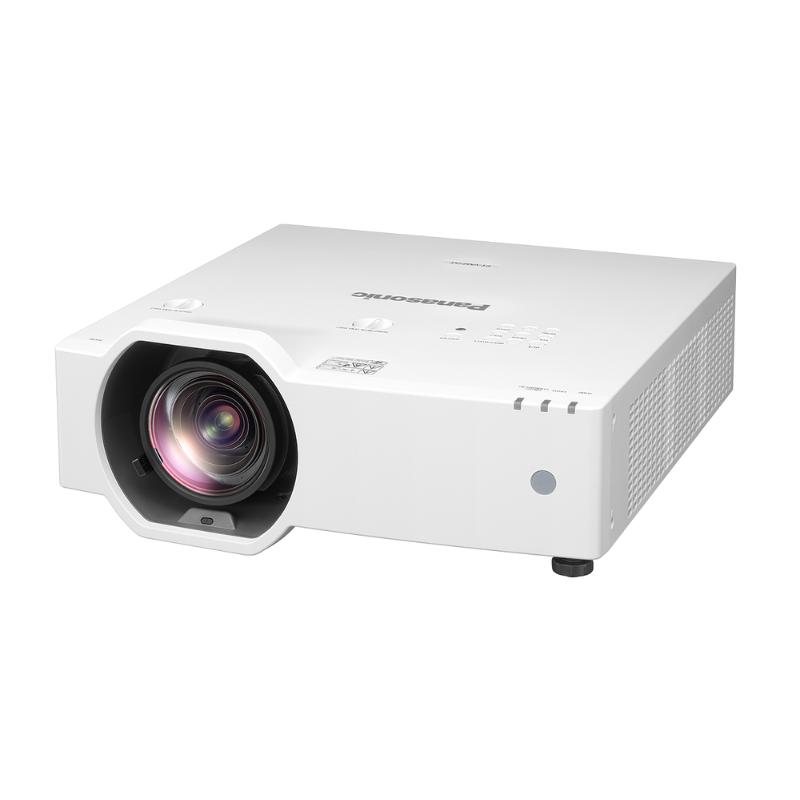 Panasonic PT-VMZ6STU7 6200-Lumen WUXGA Short Throw Golf Simulator Projector slight left overhead view.