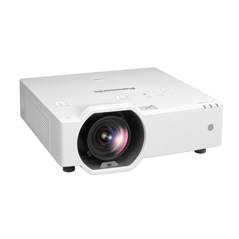 Panasonic PT-VMZ6STU7 6200-Lumen WUXGA Short Throw Golf Simulator Projector slight right overhead view.