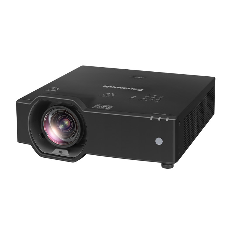 Panasonic PT-VMZ7STBU7 7000-Lumen WUXGA Short Throw Golf Simulator Projector slight left overhead view.