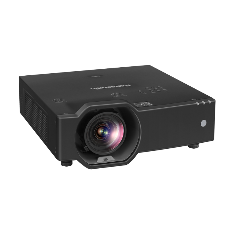 Panasonic PT-VMZ7STBU7 7000-Lumen WUXGA Short Throw Golf Simulator Projector slight right overhead view.