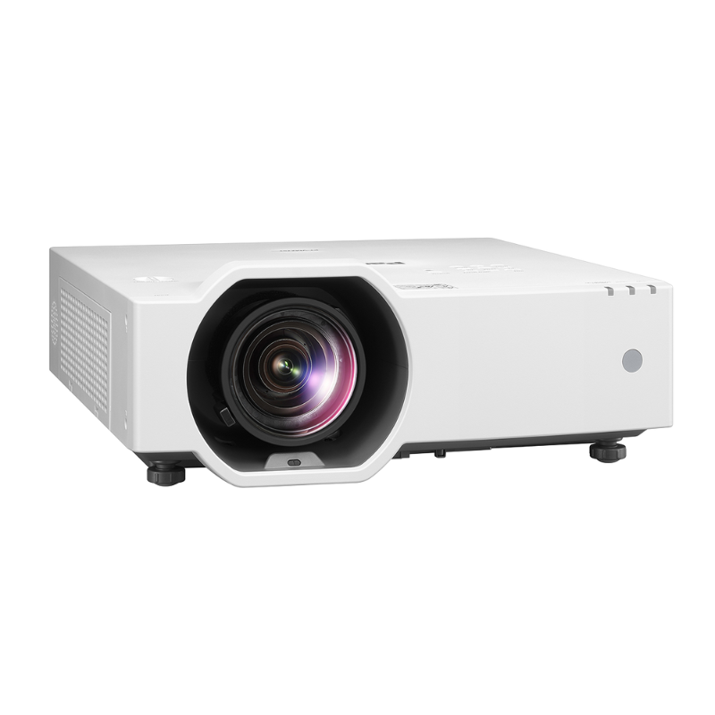 Panasonic PT-VMZ7STU7 7000-Lumen WUXGA Short Throw Golf Simulator Projector right angled view.