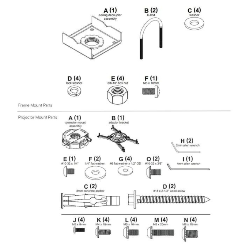 Frame-Mount Projector Mounting Kit frame mount and projector mount pieces.