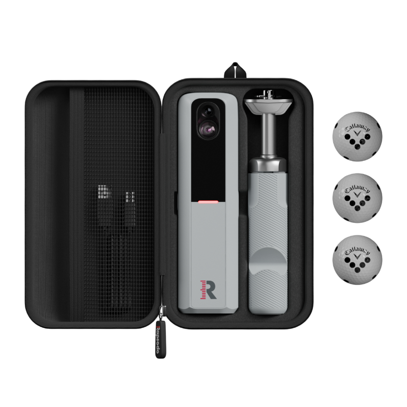 Rapsodo MLM2PRO with carrying case, tripod, and golf balls.