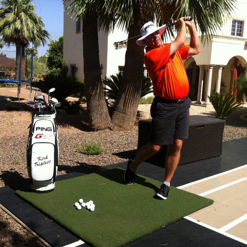 Real Feel Country Club Elite Golf Mat 4x5 foot with Kirk Triplett swinging a golf club.