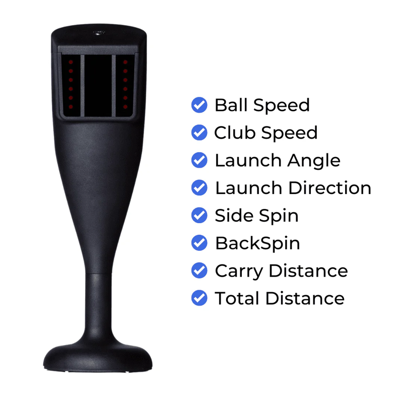 Red Stakes Golf One Golf Starter Bundle black design sensor with metrics listed.