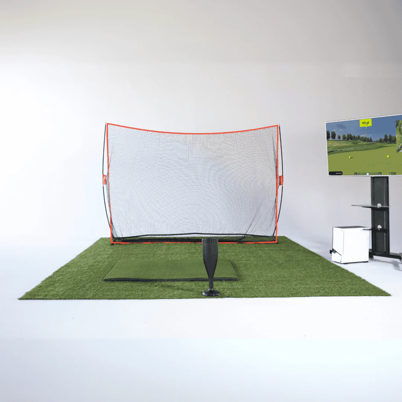 Red Stakes Golf One Golf Starter Bundle front view of net and mat with sensor monitor full setup.