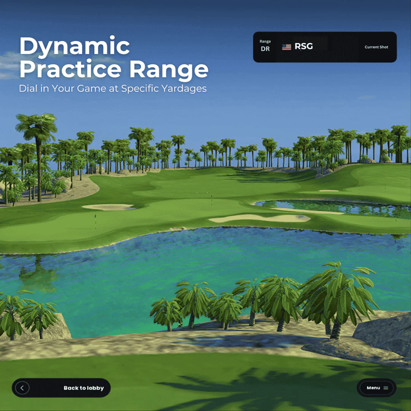 Red Stakes Golf Pro Golf Studio Bundle dynamic practice range simulation with water and palms.