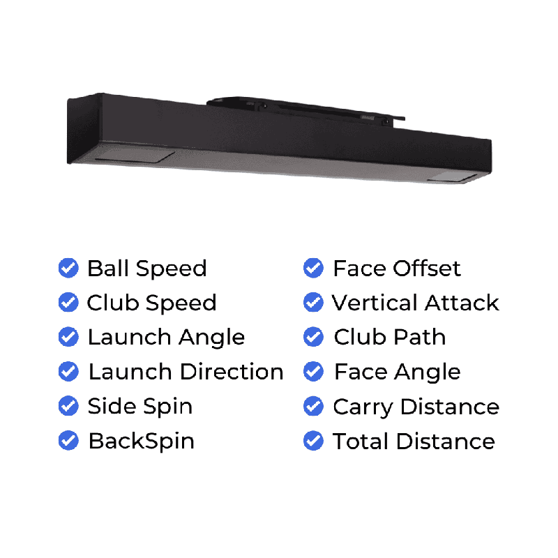 Red Stakes Golf Pro Golf Studio Bundle overhead sensor with tracking metrics listed.