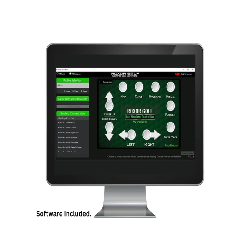 Roxor Golf Control Box GSP Edition closeup top angle green panel with golf simulator labeling.