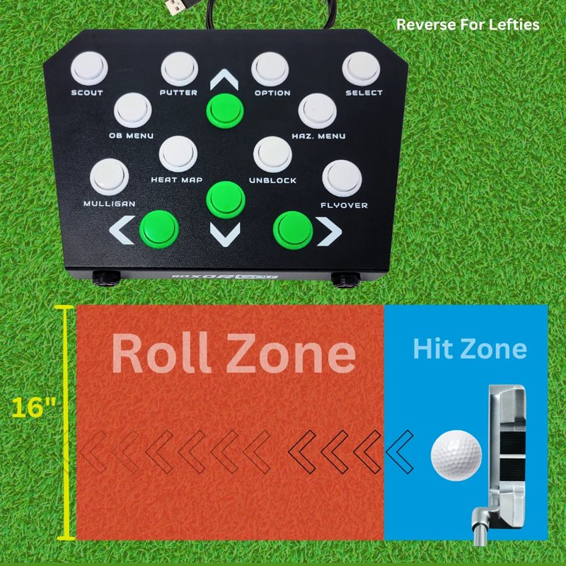 Roxor Golf Mag 14 Control Box top view on green turf reverse for lefties roll and hit zone diagram.