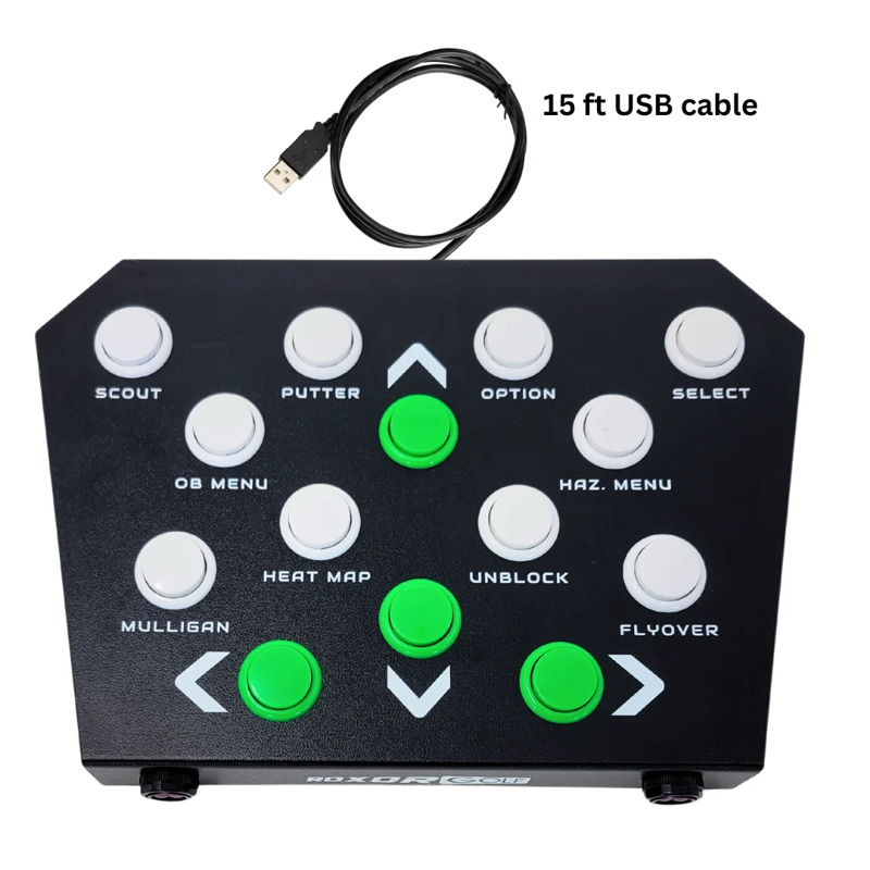 Roxor Golf Mag 14 Control Box top view with usb cable and labeled buttons.