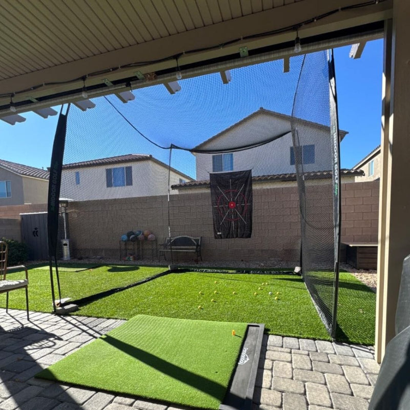 SIG 10x10x10 Square Golf Net angled outdoor.