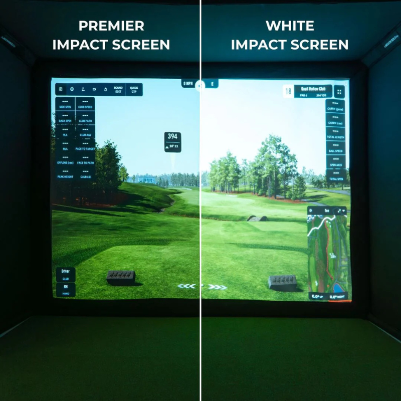 SIGPRO Premier Golf Simulator Impact Screen showing a side-by-side comparison of premier and white screen image quality with golf simulation graphics.