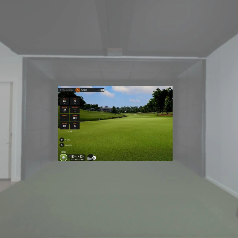 SIGPRO Premier Golf Simulator Impact Screen installed in a clean, modern room with white walls.