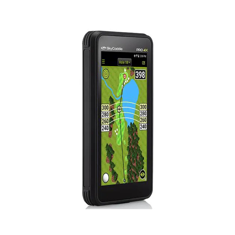SkyCaddie PRO 4X angled left view hole 18 display yardage rings.