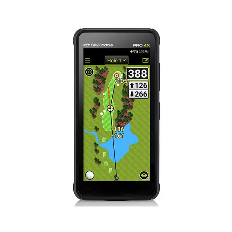 SkyCaddie PRO 4X front view hole 1 display yardages.