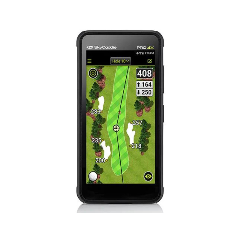 SkyCaddie PRO 4X front view hole 10 display green and bunkers.