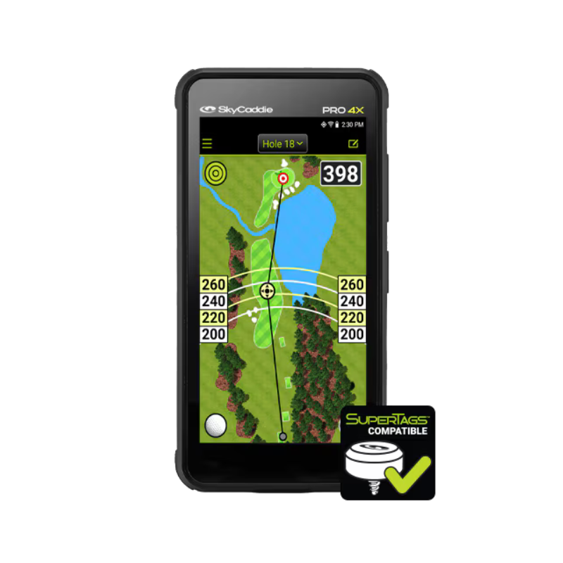 SkyCaddie PRO 4X front view hole 18 display supertags icon.