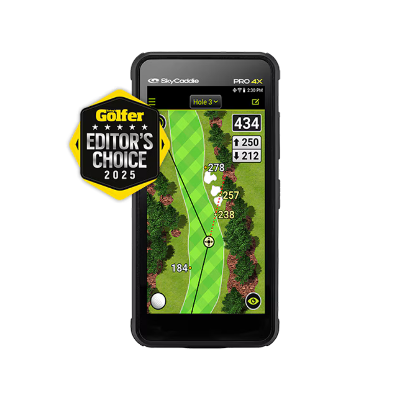 SkyCaddie PRO 4X front view hole 3 display editor choice badge.