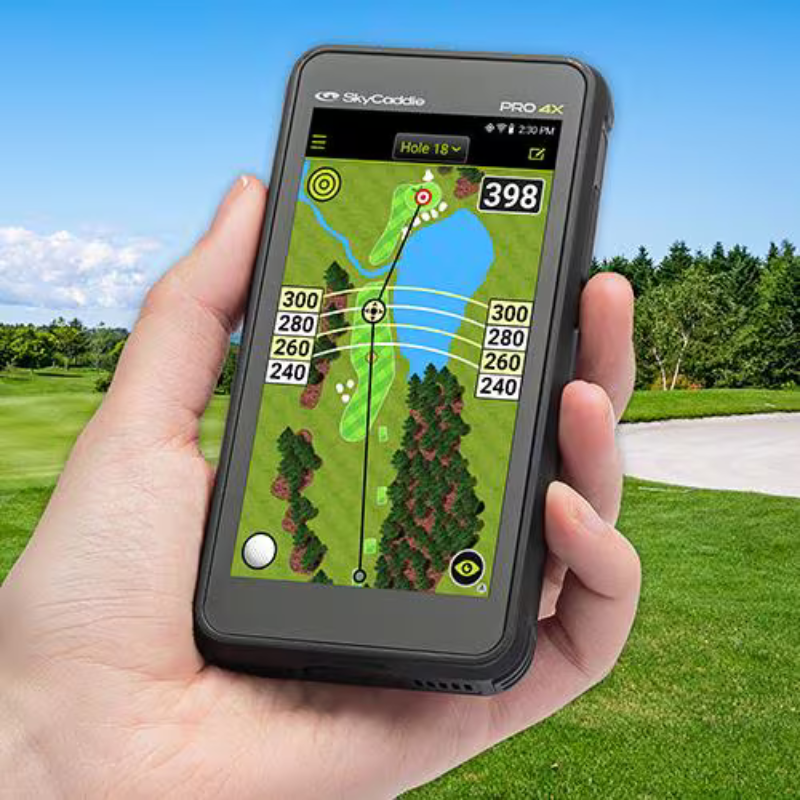 SkyCaddie PRO 4X handheld outdoor use golf course background.