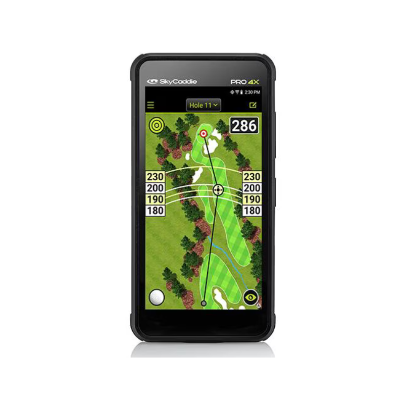 SkyCaddie Pro 4X hole 11 fairway view with distance markers and green target.