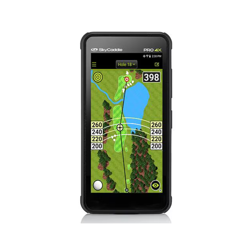 SkyCaddie Pro 4X hole 18 over water fairway distance markers.