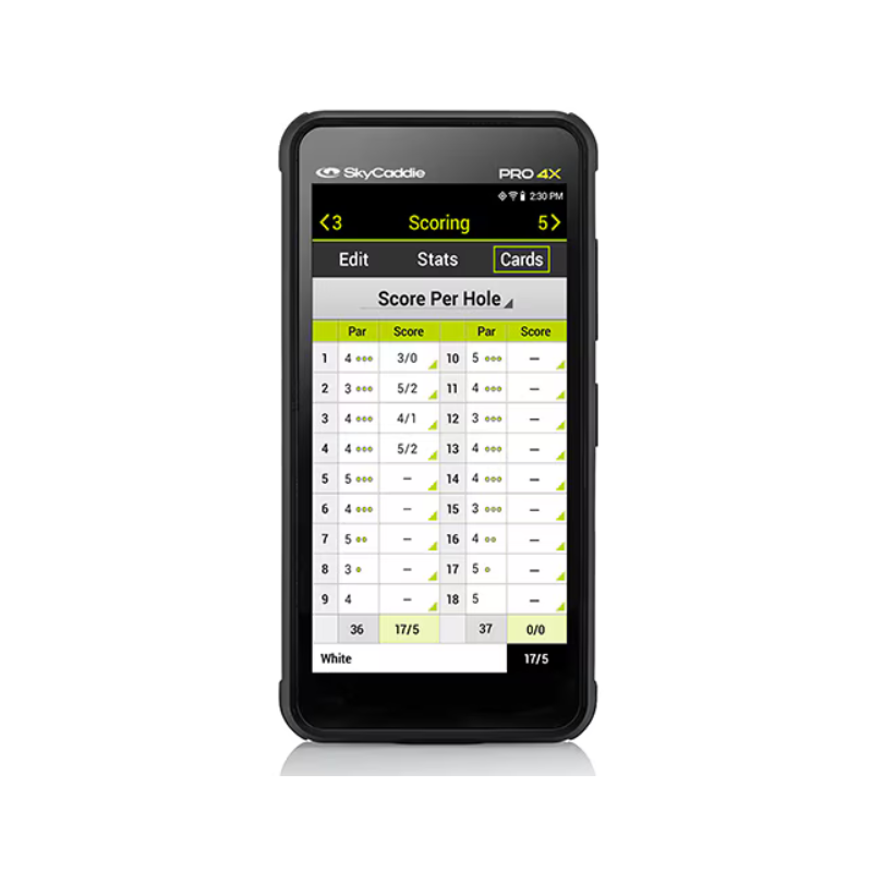 SkyCaddie Pro 4X scorecard display for all holes with scores and par.