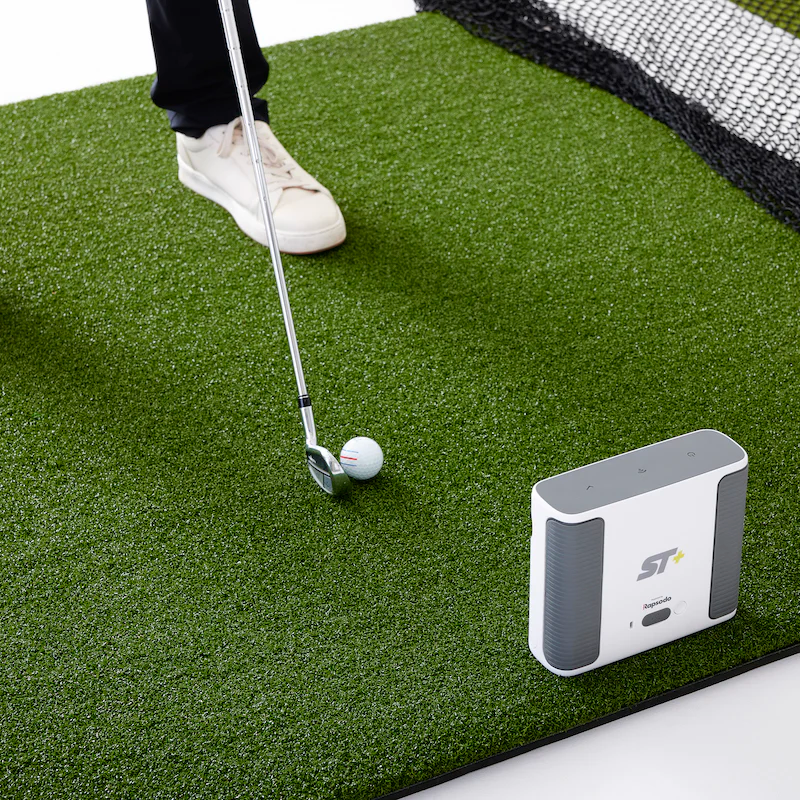 SkyTrak 5x5 Hitting Mat top view with SkyTrak+ and golfer.