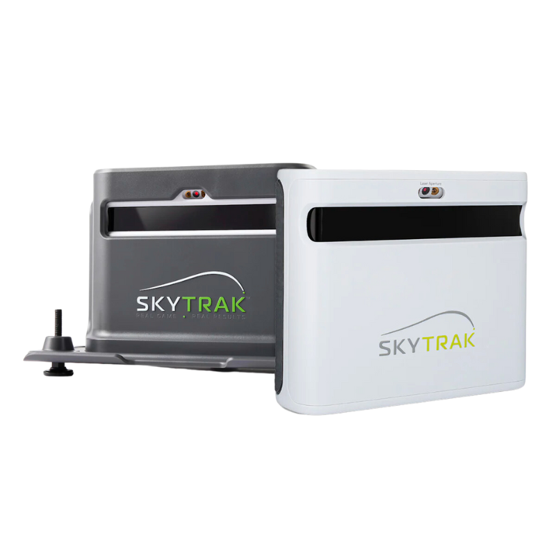 SkyTrak+ Protective Case next to SkyTrak+ side view.