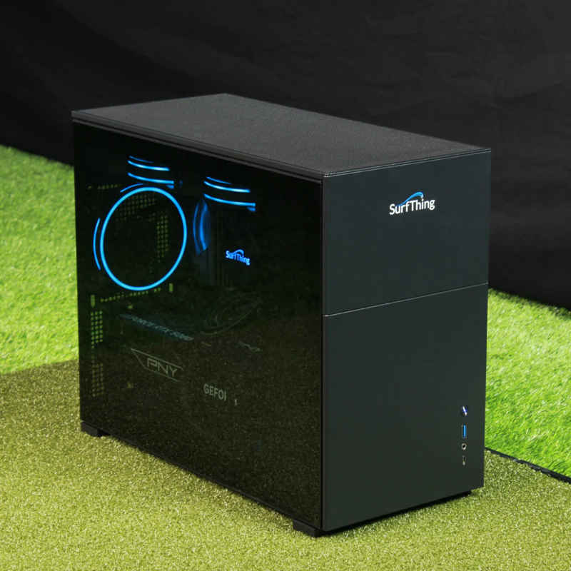 SurfThing SG3-5802 Golf Simulator Computer angled view black case blue led fans.