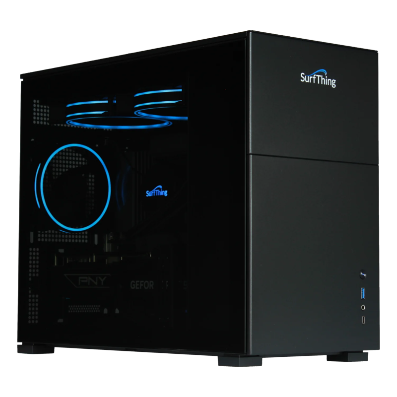 SurfThing SG3-5802 Golf Simulator Computer side view tempered glass panel blue led fans.