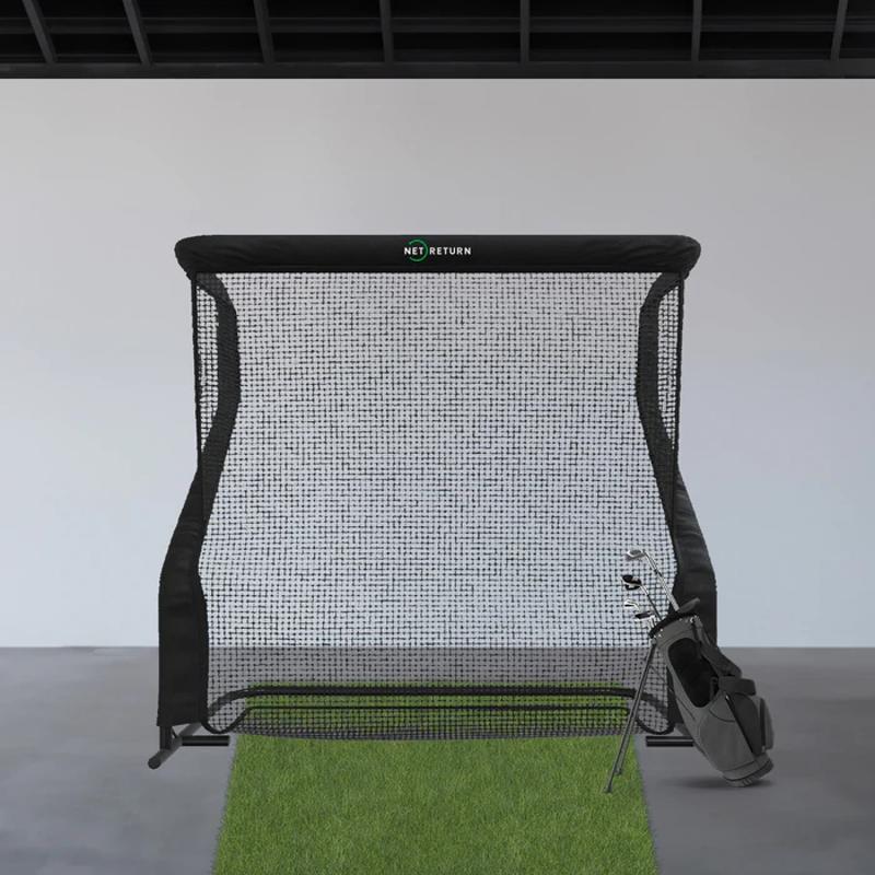 The Net Return Pro Series Golf Net Pro 9 front view with golf bag.