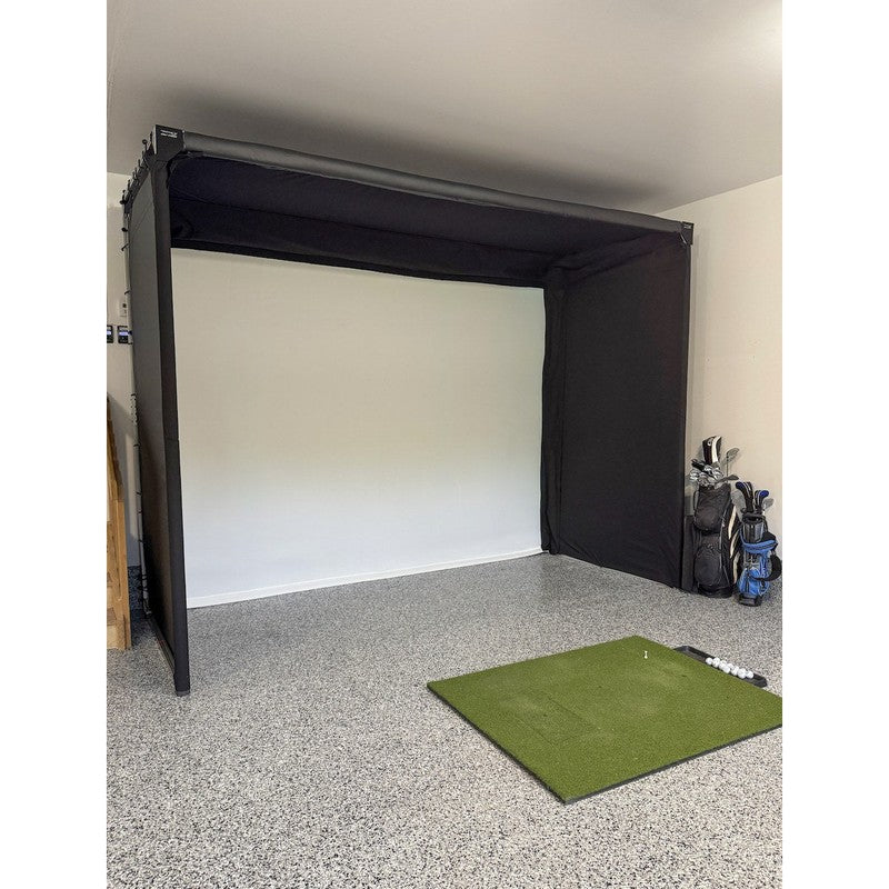 The SportsScreen Parlour Series Golf Simulator Enclosure installed in a home garage.