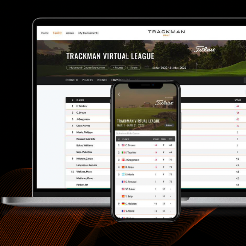 Trackman iO Launch Monitor leaderboard on laptop and mobile trackman virtual league interface.