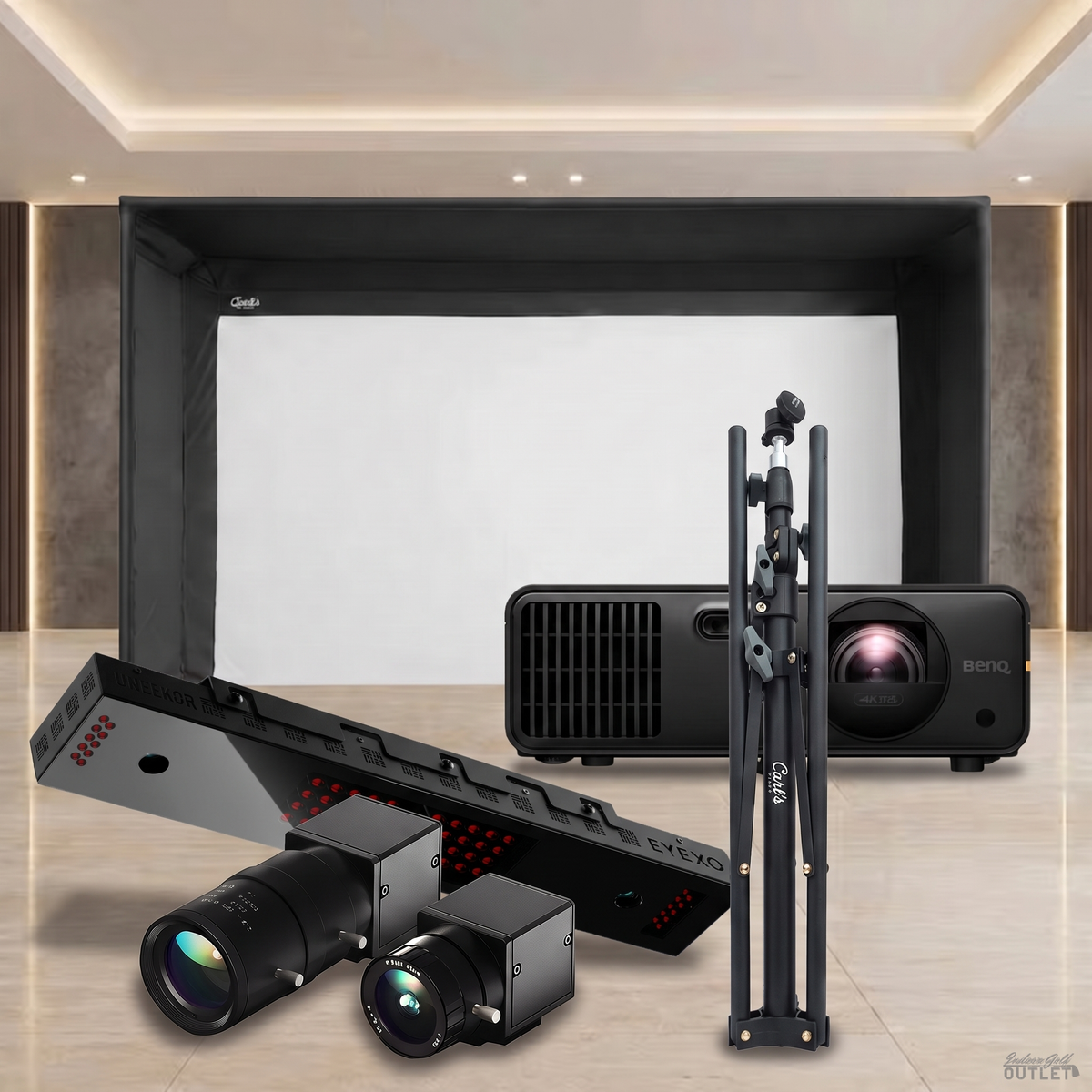 Uneekor EYE XO Carl's Place Pro golf simulator package shown with the two Uneekor Swing Optix swing cameras and a tripod.