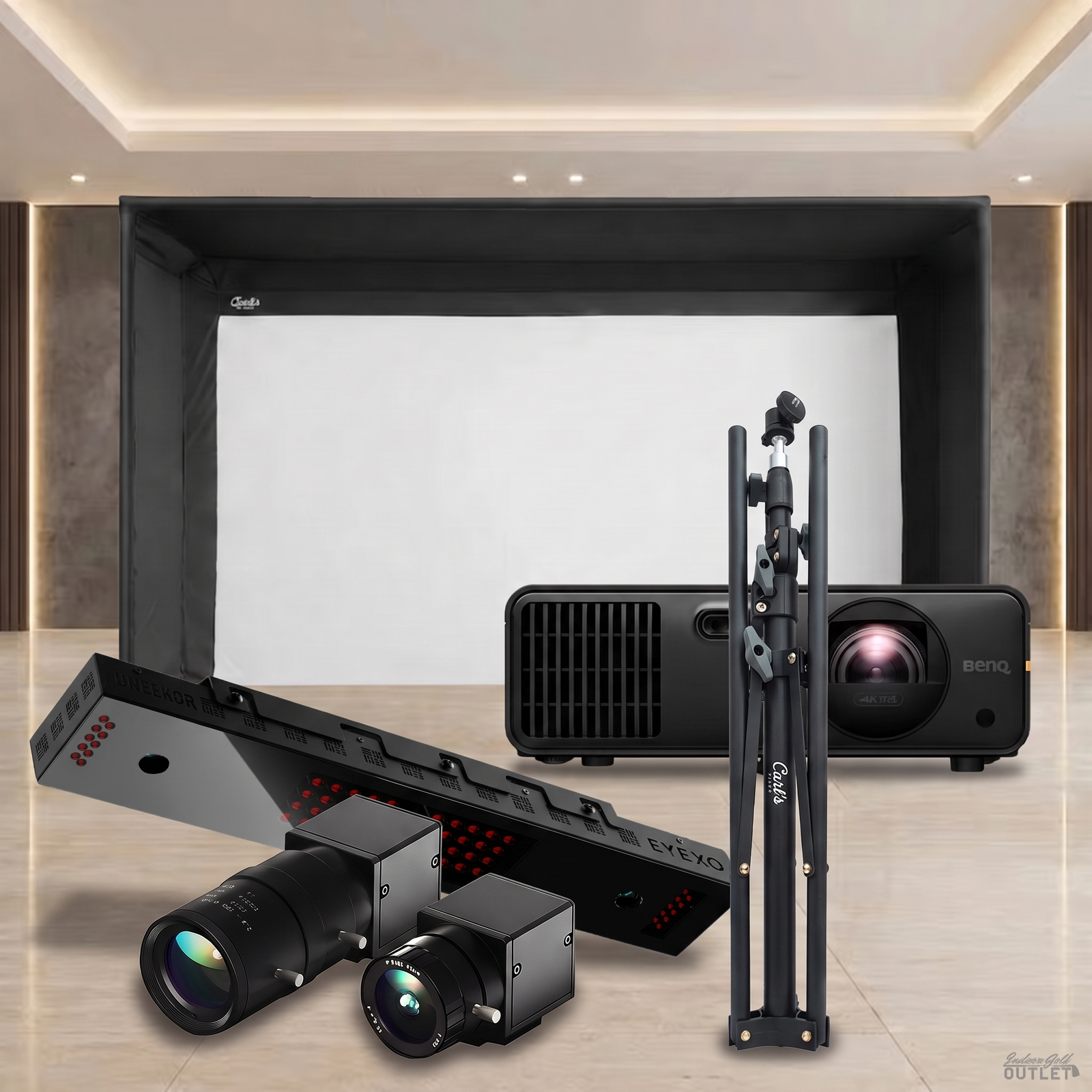 Uneekor EYE XO Carl's Place Pro golf simulator package shown with the two Uneekor Swing Optix swing cameras and a tripod.