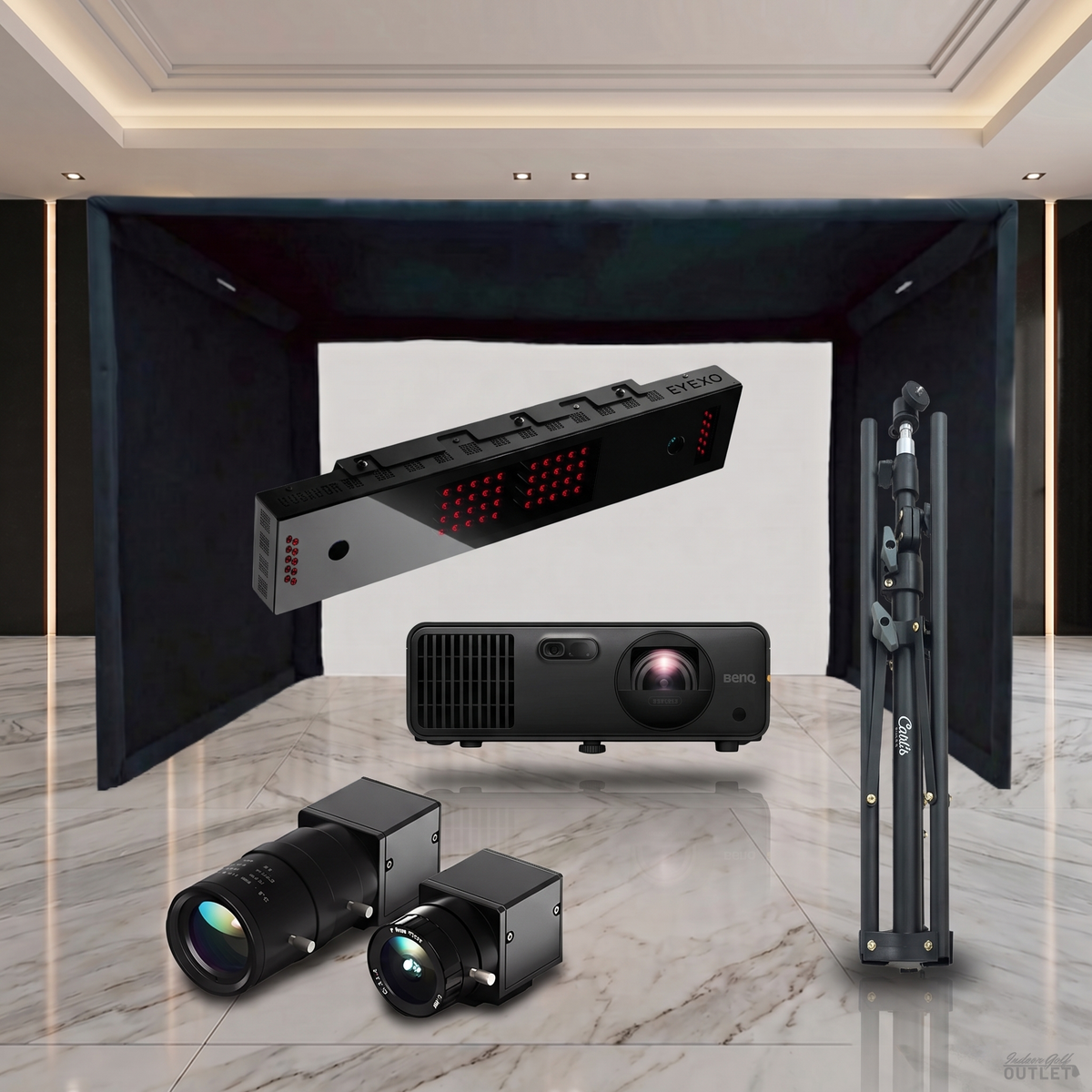 Uneekor EYE XO SIGPRO Commercial golf simulator package shown with the two Uneekor Swing Optix swing cameras and a tripod.