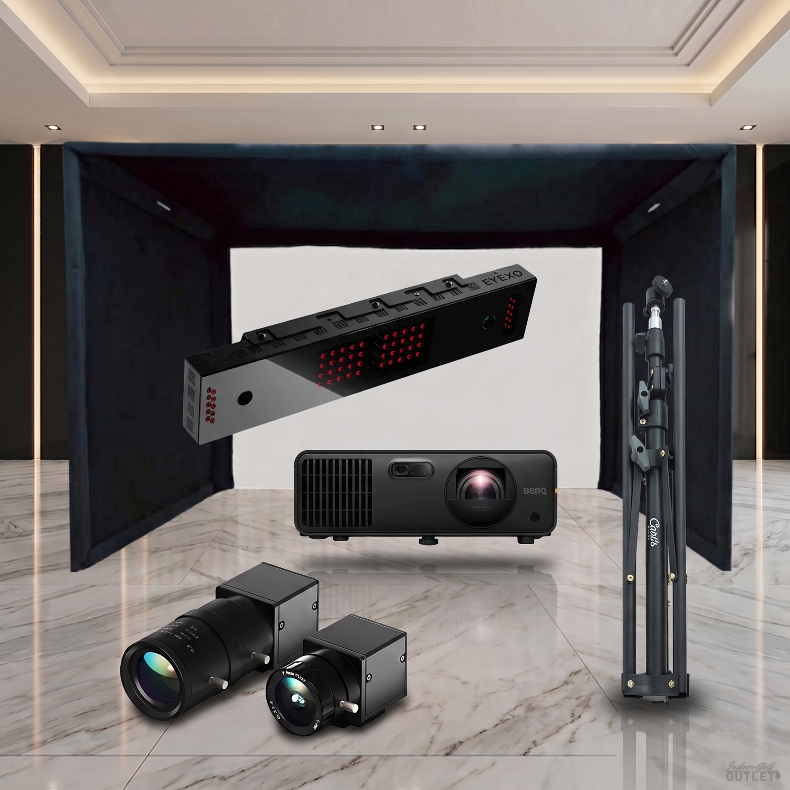 Uneekor EYE XO SIGPRO Commercial golf simulator package shown with the two Uneekor Swing Optix swing cameras and a tripod.