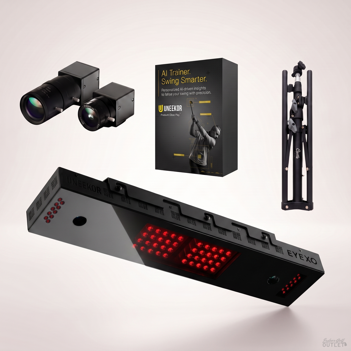 Uneekor EYE XO launch monitor with the two Swing Optix swing cameras, a tripod, and the AI Trainer software box.
