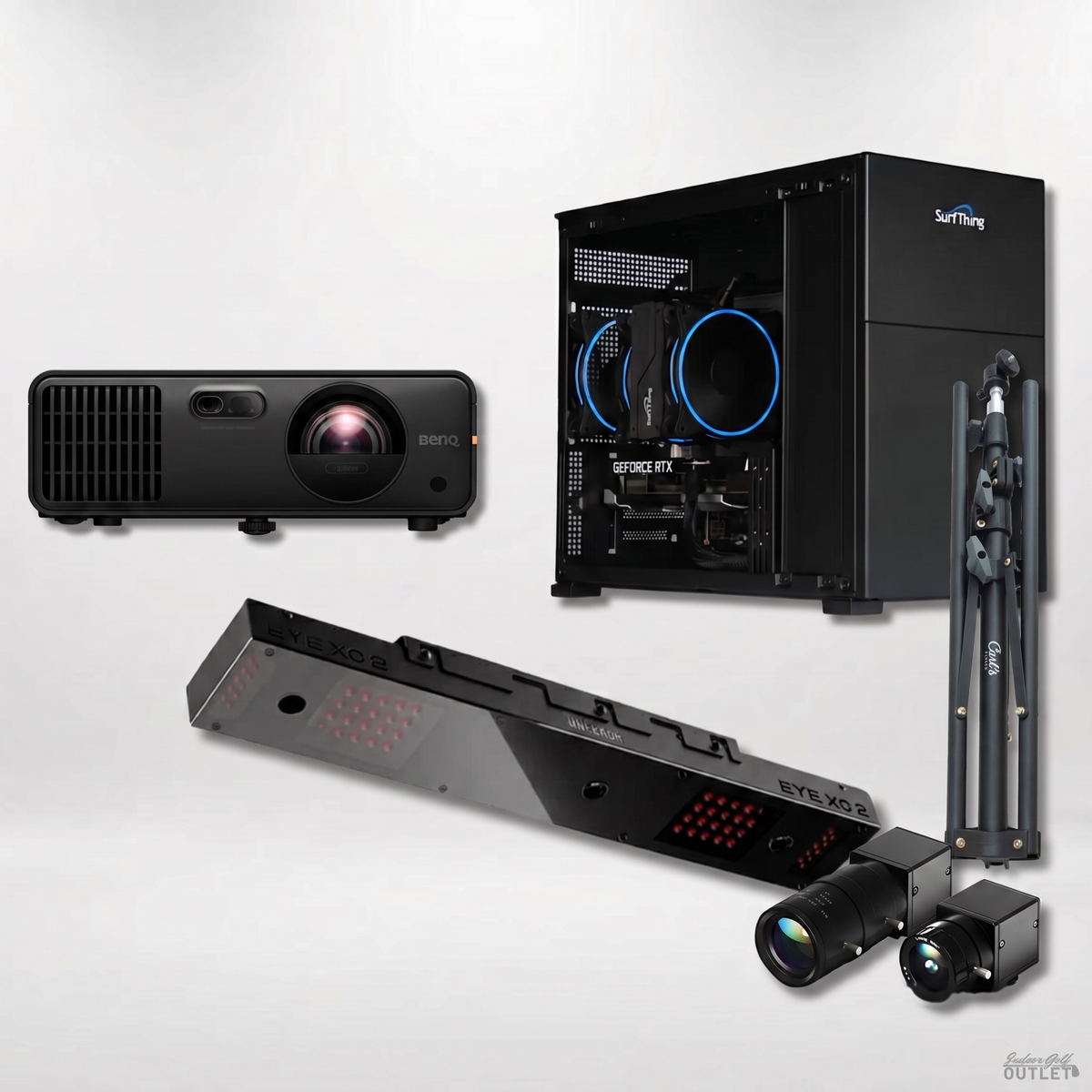 Uneekor EYE XO2 Computer golf simulator package shown with the two Uneekor Swing Optix swing cameras and a tripod.