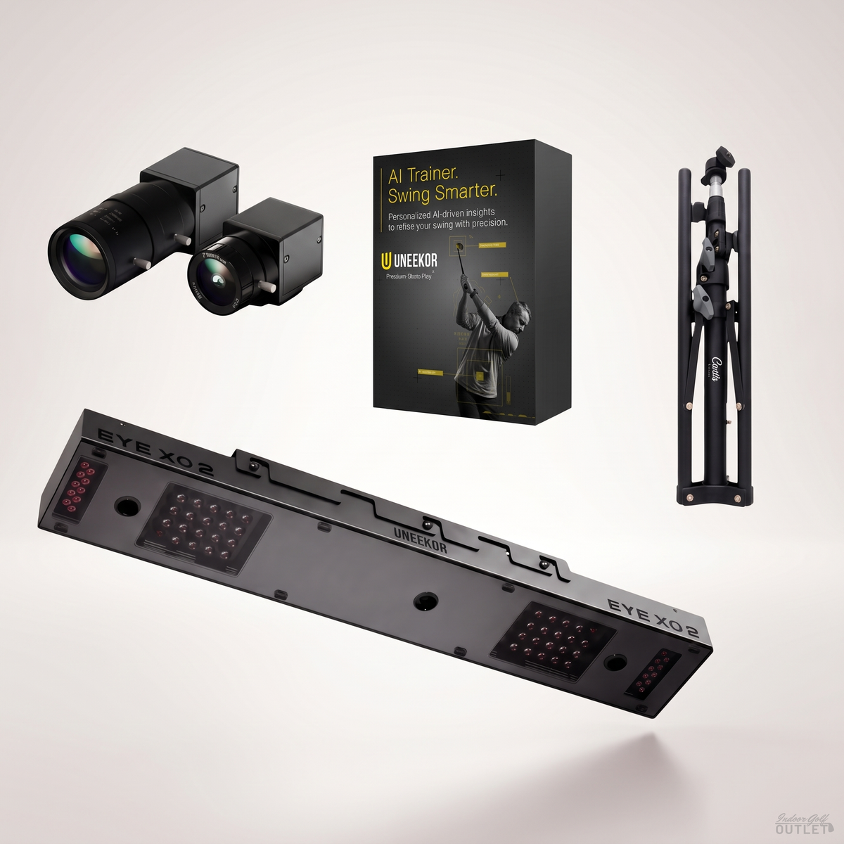 Uneekor EYE XO2 launch monitor with the two Swing Optix swing cameras, a tripod, and the AI Trainer software box.