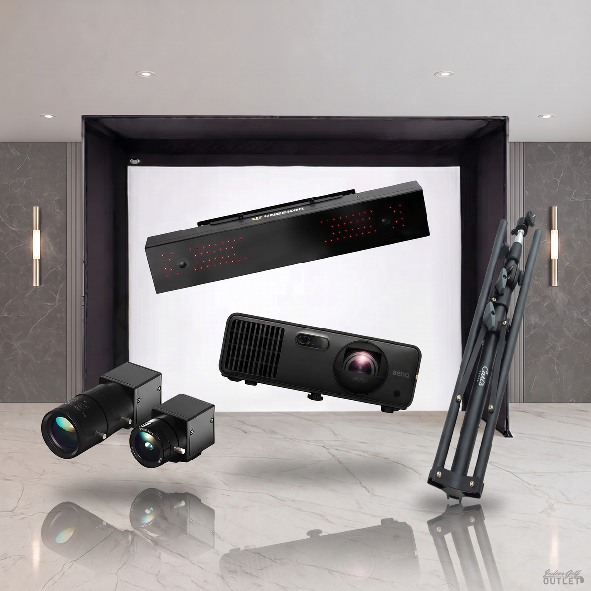 Uneekor EYE XR DIY golf simulator package shown with the two Uneekor Swing Optix swing cameras and a tripod.