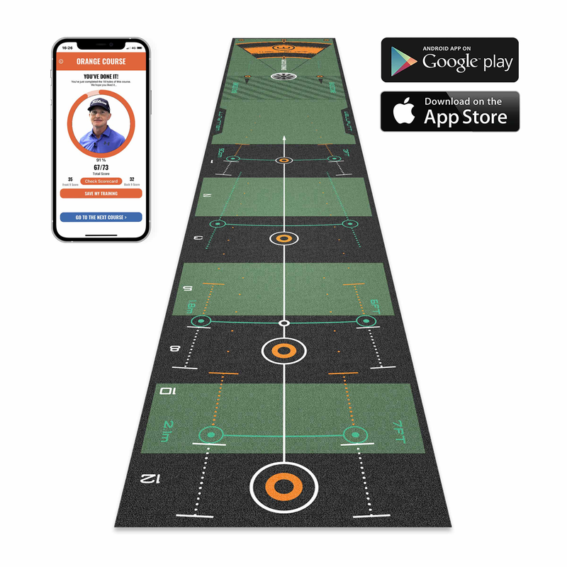 Wellputt app shown beside the 10ft Performance mat.