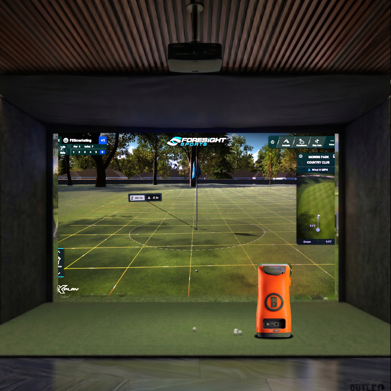 Bushnell Launch Pro Circle B custom installed golf simulator room with acoustic carpet wall padding and mesh ceiling.