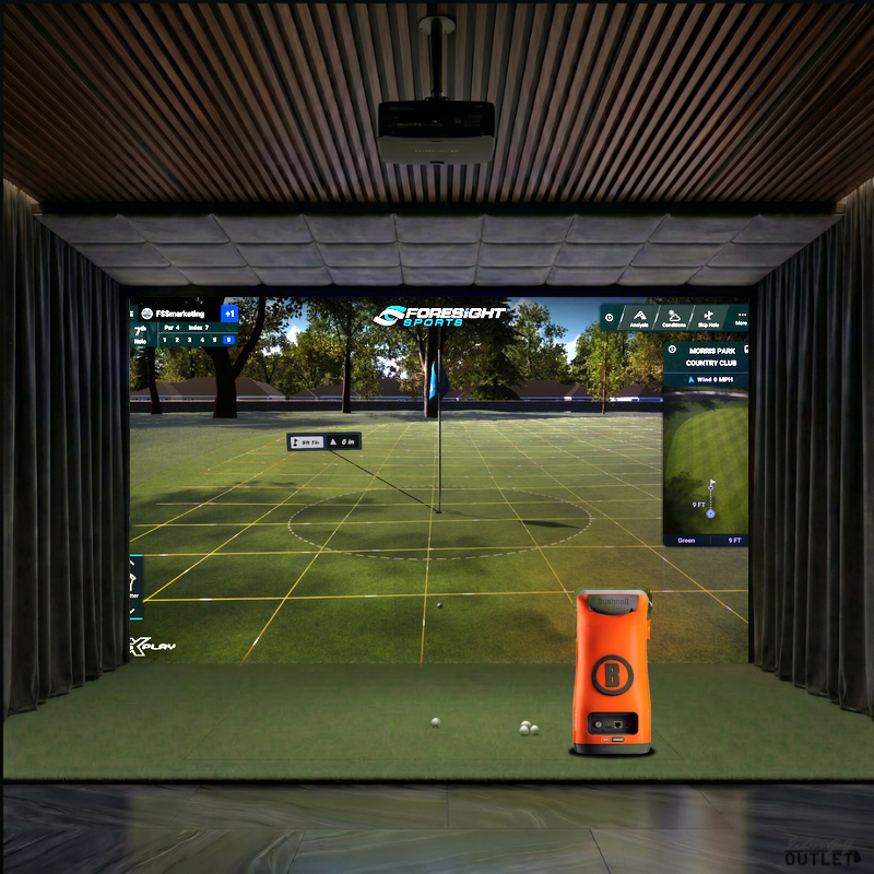 Bushnell Launch Pro Circle B custom installed golf simulator room with wall curtains and velvet ceiling padding.