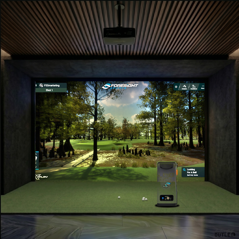 Foresight Sports GC3 custom installed golf simulator room with acoustic carpet wall and ceiling padding.