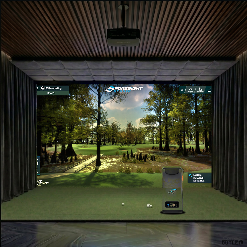 Foresight Sports GC3 custom installed golf simulator room with wall curtains and velvet ceiling padding.